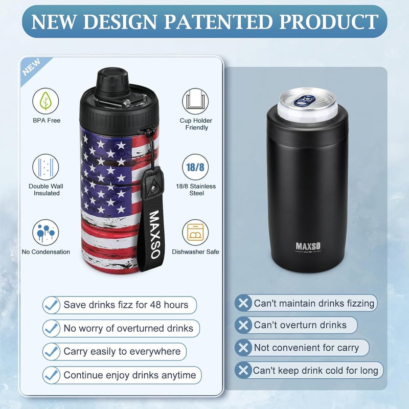 Max&So Sealed Can Cooler Fizz Lid Can Cover for 12 oz Regular, Slim Skinny Cans & As Thermal Bottle, 4-in-1 Insulated Vacuum Stainless Steel Carbonated Cold Drink Holder -America Flag - Image 3